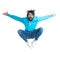 Unshaved casual guy in hoodie jumping in the air and opening arms