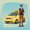 Unshaved taxi driver with yellow car