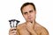 Unshaven guy with three razors