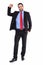 Unsmiling businessman standing with hand raised