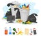 Unsorted trash dumpster. Overflowing garbage bucket, pile city rubbish bags cans, litter heap, cartoon dirty metal bin