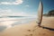 Unspoiled, wild beachscape featuring a lone surfboard resting peacefully