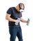 Unsportsmanlike middle-aged man wearing virtual reality glasses with dumbbells. Isolated on a white background