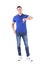 Unsure confused adult man in blue polo shirt showing thumbs down and looking up doubtfully.