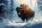 Untamed Bison snow forest. Generate Ai