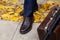 Untied lace on brown shoe in autumn park