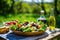 an untouched salad on a sunny picnic table