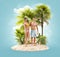 Unusual 3d illustration of a beautiful couple resting on a tropical island at the ocean.