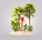 Unusual 3d illustration of a beautiful slender female on a tropical island at the ocean.