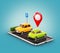 Unusual 3d illustration os smartphone application for online searching free parking place on the map.