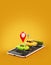 Unusual 3d illustration os smartphone application for online searching free parking place on the map.