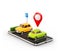 Unusual 3d illustration os smartphone application for online searching free parking place on the map.