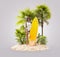 Unusual 3d illustration of slender black woman with surfboard on tropical island at the ocean.