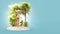 Unusual 3d illustration of a slender female with handbag on a tropical island at the ocean.