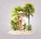 Unusual 3d illustration of a slender female with handbag on a tropical island at the ocean.