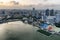 Unusual aerial view of Singapore at sunset. Marina Bay Area