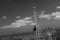 Unusual angle view of city of Barcelona towards sea from top of Tibidabo mount.Tourists stare at the beautiful landscape with awe