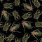 Unusual background green red beetles on black, vintage retro engraving style, horror halloween, exotic seamless pattern