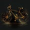 Unusual bicycle covered with gold isolated on black close-up, for design, advertising