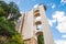 Unusual building with an elevator and beautiful arches