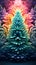 Unusual Christmas tree design using acid colors, surreal reality, fictional tree. Rainbow background..