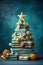 An unusual Christmas tree from a variety of books decorated with a variety of decor on a blue background