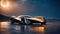 Unusual concept car of the future, 3D illustration with empty concrete floor under open night starry sky