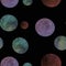 Unusual dark pattern with watercolor circles in the form of planets for backgrounds