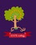 Unusual ecology icon. Merry fabulous apricot tree, juggling fruit on dark lilac background.