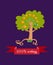Unusual ecology icon. Merry fabulous pear tree, juggling fruit on dark lilac background.