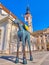 The unusual equestrian statue to Jobst of Moravia by Jaroslav Rona on Moravian Square, on March 10 in Brno, Czech Republic