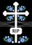 Unusual funereal decoration with cross silhouette and small blue flowers, white simple cross with lettering RIP