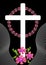 Unusual funereal decoration with cross silhouette and small pink flowers in wreath, white simple cross on black