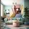 Unusual interior design of the living room in pastel colors