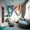 Unusual interior design of the living room in pastel colors