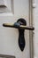 Unusual old brass door handle on a wooden door