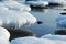 Unusual round ice floes with icicles on a backgrou