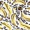 Unusual trendy background with banana, pop art doodles in pastel yellow and black dark colors