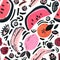 Unusual trendy background with watermelon, banana, orange, lemon, berries pop art doodles
