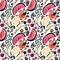 Unusual trendy background with watermelon, banana, orange, lemon, berries pop art doodles