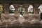 Unusual view through columns at gorgeous bride and stylish groom walking at old castle in european park in autumn time. happy