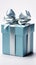 Unveiled blue gift box, elegant white bow, isolated against pristine white background.