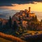 Unveiling AI\'s Artistry: Italian Serenity with Cottage, River, Medieval Village, and Castle in the Summer Sunset