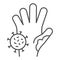 Unwashed hand with virus thin line icon. Prevent coronavirus spread symbol, outline style pictogram on white background