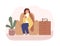 Unwell woman sitting on armchair covering plaid having influenza symptoms vector flat illustration. Sickness female