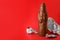 Unwrapped chocolate Santa Claus on red background. Space for text