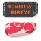 Unwrapped Fresh Boneless Ribeye steak with fat and sticker banner