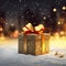 Unwrapping the Magic: A Festive Closeup of a Gift Box with Snow