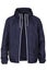 Unzipped navy blue windbreaker jacket with hood on white background