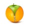 Unzipped orange with green apple.